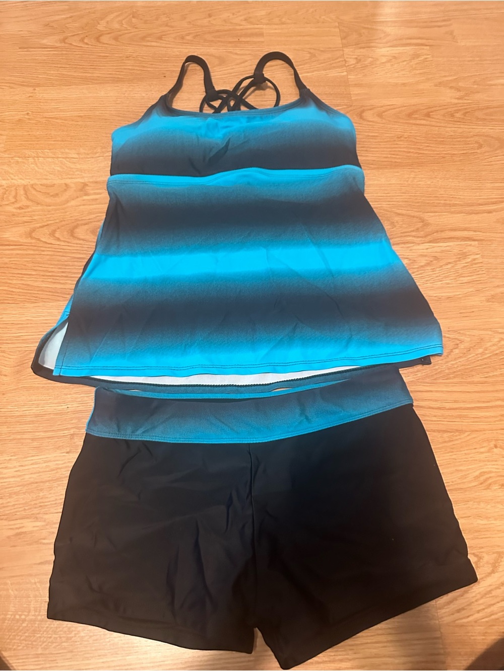Blue Ombre Strappy Tankini Set with Black Shorts